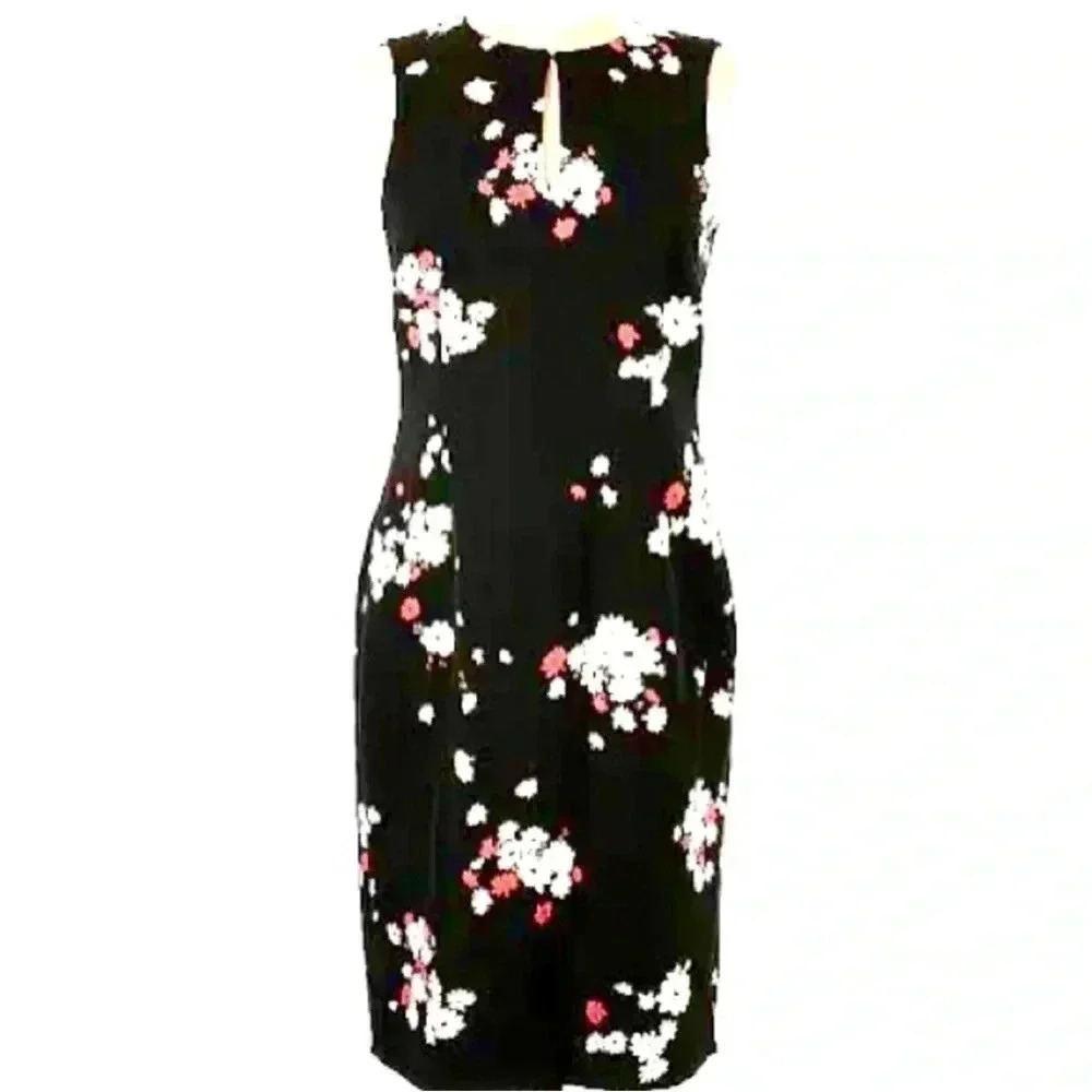 Ann Taylor Black Floral Sleeveless Dress Size 8 Pink Red Orange White Sheath